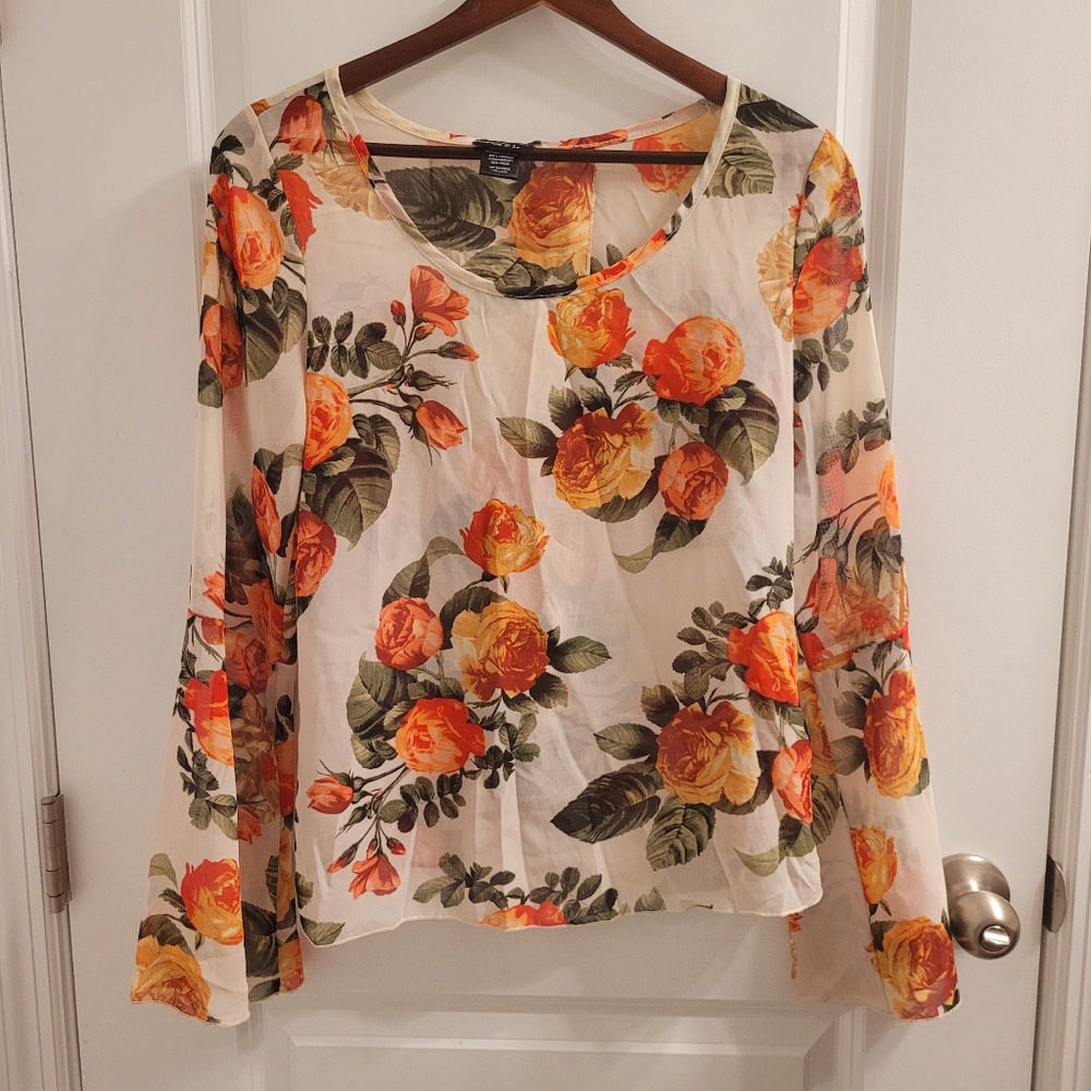 Rue 21 Fall Spring Orange Floral Rose Open Back Bell Sleeve Blouse Size …